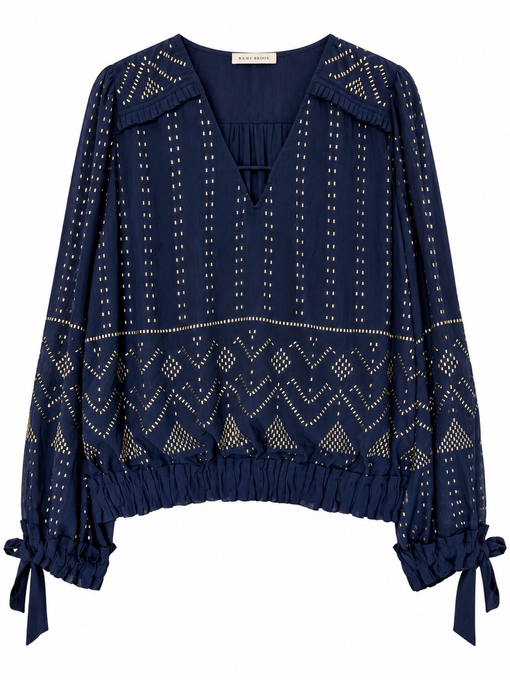 Ramy Brook Navy Gold Studded V-Neck Blouse Tie Cuffs Size M